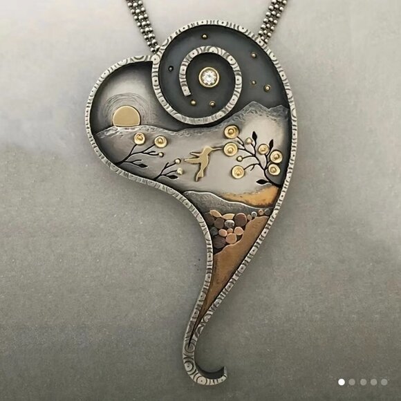 Pendant Necklace with River, Mountains, Sun, Moon, Hummingbird #800 - Picture 3 of 7